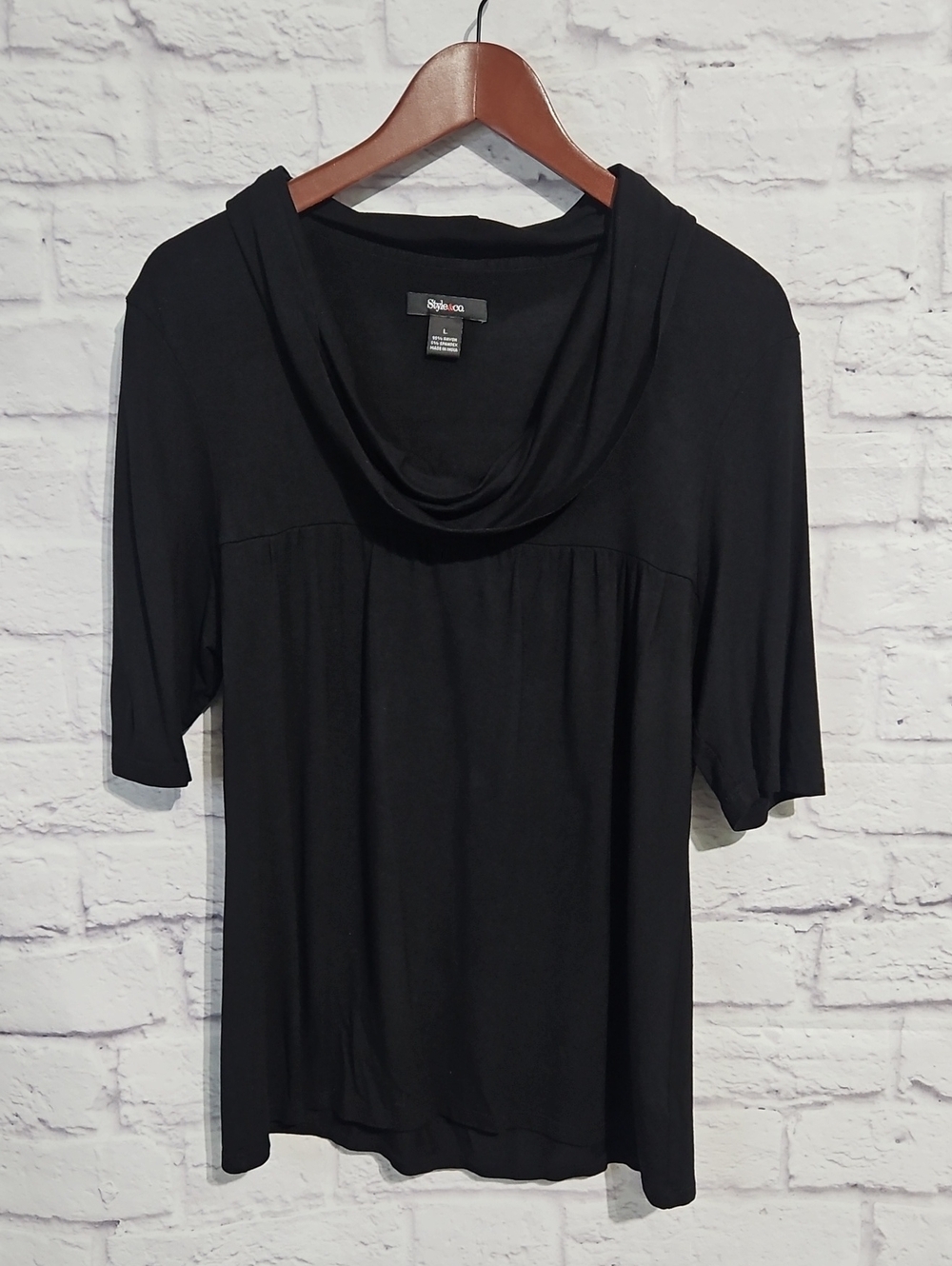 Style & Co. Black Draped Cowl Neck Short Sleeve Top